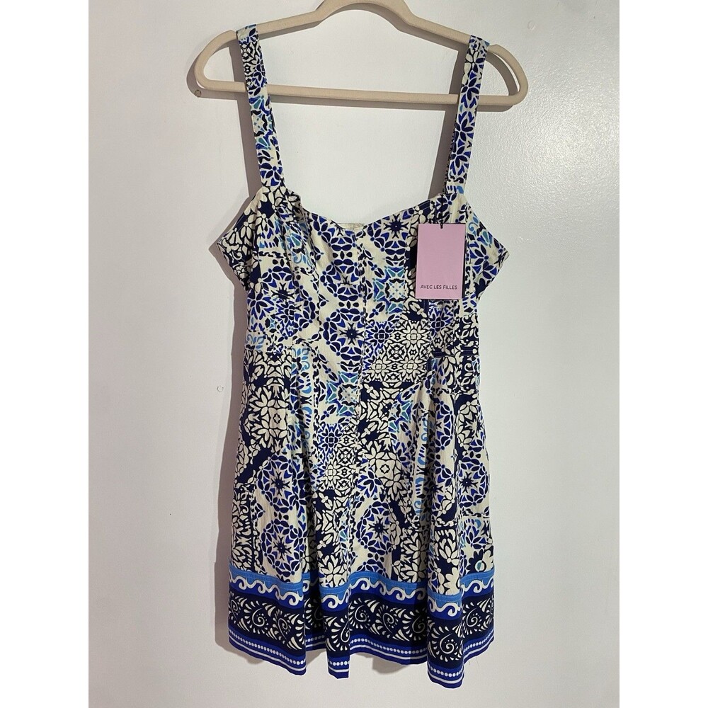 Avec Les Filles Dress 14 Blue Barcelona Tile Mini Tropical‎ Feminine Coquette